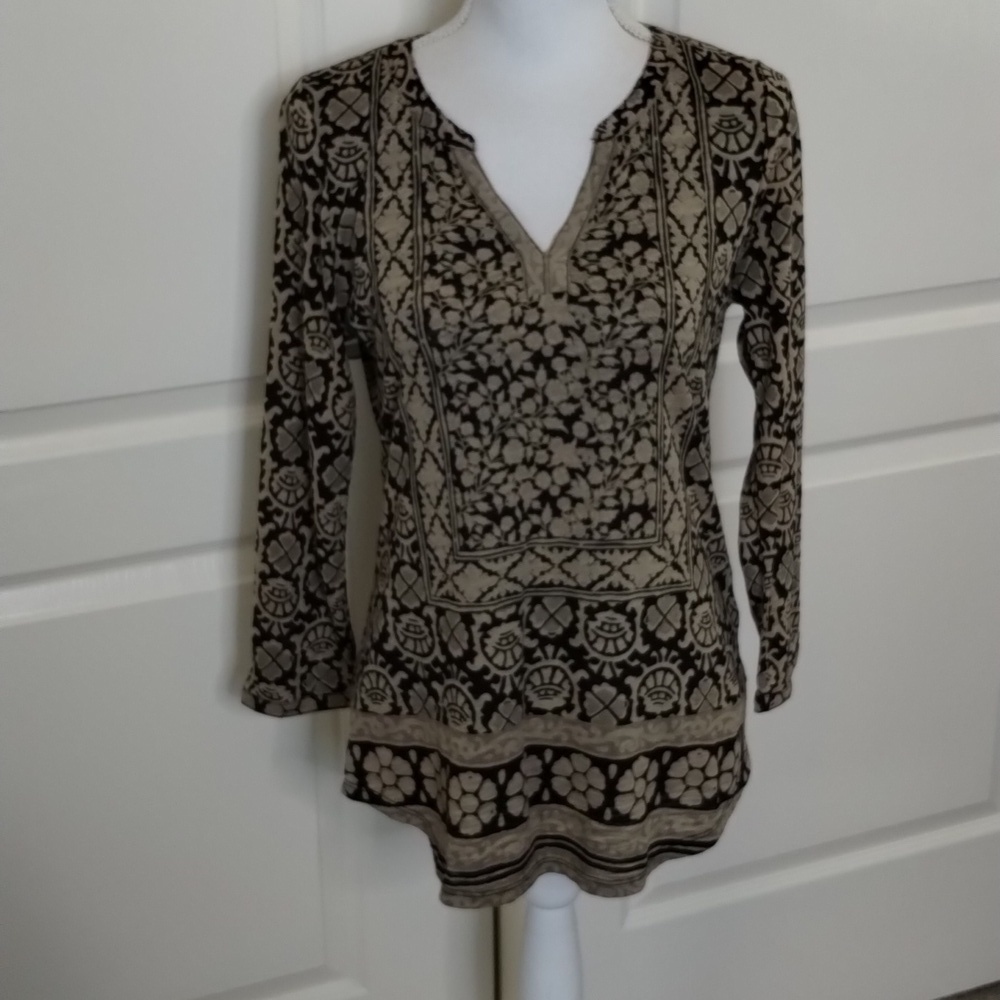 Lucky Brand Blouse Small Tan Black Print V-neck - Picture 1 of 11